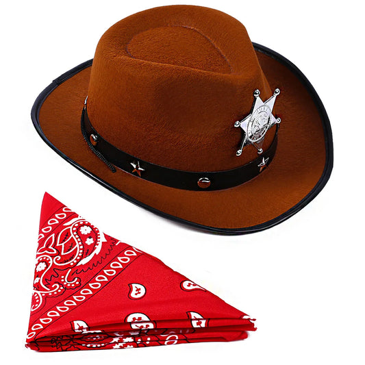 Toddler boys Western cowboy brown felt hat with bandanna, suitable for cowgirl costume, Halloween, or Western-themed dress-up.