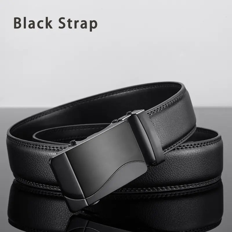 Men's black leather belt by Ansoff with a metal automatic buckle, high-quality luxury business belt with PU strap.