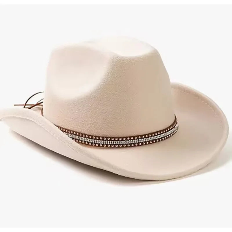 Vintage wide brim cowboy hat by Ansoff, made of wool felt with adjustable headband, perfect for outdoor riding and rodeo events.