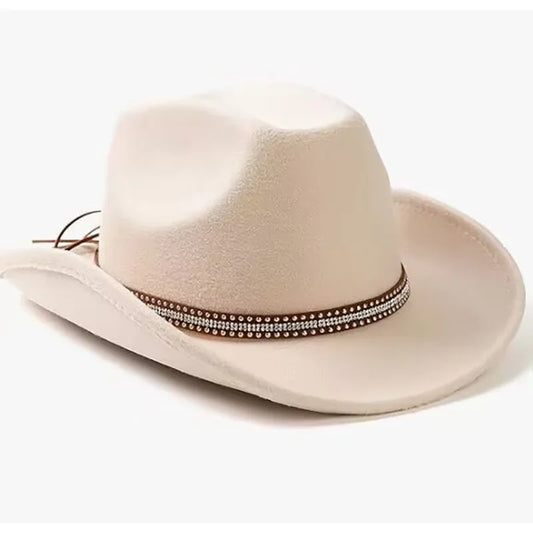 Vintage wide brim cowboy hat by Ansoff, made of wool felt with adjustable headband, perfect for outdoor riding and rodeo events.