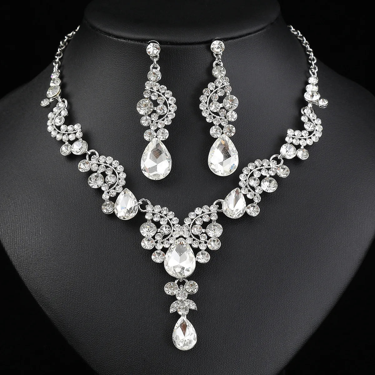 2pcs/set Jewelry Sets Women Blue Elegant Waterdrop Rhinestone Pendant Necklace stud Earrings Wedding Dress Bridal Jewelry Set
