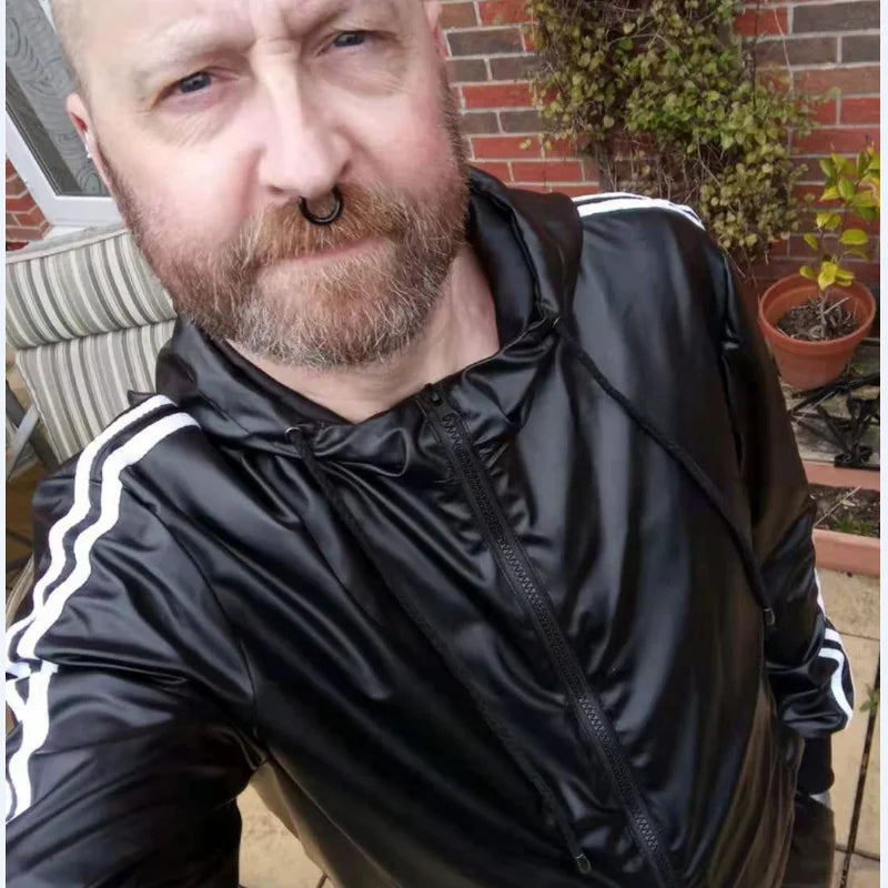 Men's casual sportswear hoodie suit by Ansoff, featuring a black PU leather hoodie and jogging pants for a stylish athletic look.