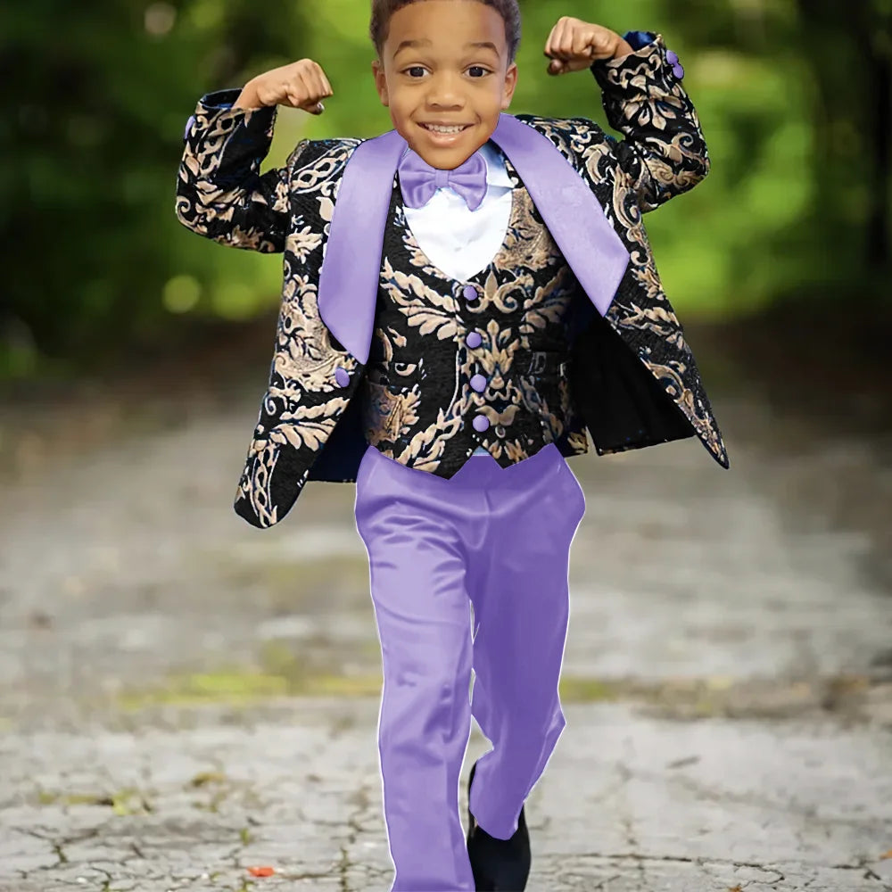 Boy wearing slim fit Jacquard 3-piece wedding tuxedo suit by Ansoff, featuring a stylish jacket, vest, and trousers.