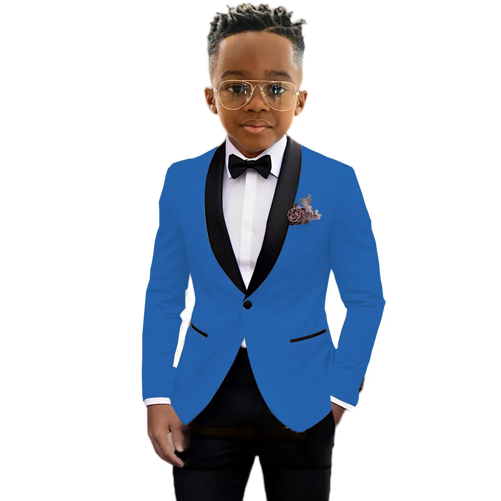 Ansoff boys' slim fit tuxedo suit with shawl lapel, one-button jacket, and matching pants, suitable for weddings and formal parties.