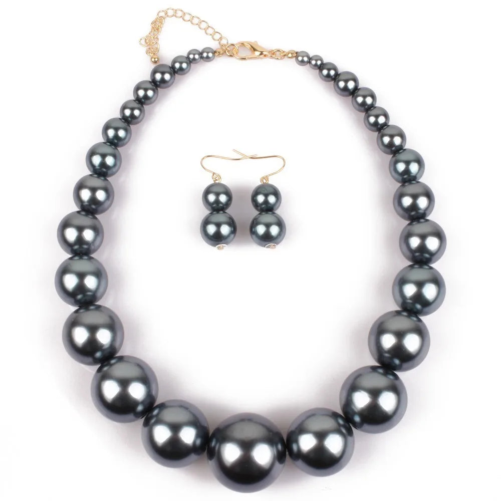 Fashion Elegant Large Pearl Necklace Set 42cm Length Round Big Ball Beads Chain Choker with Earrings Luxury Neck Jewelry Party