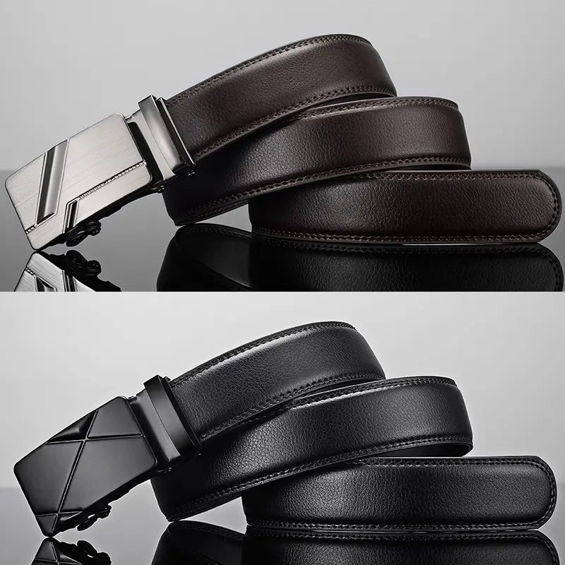 Men leather belt with metal automatic buckle by Ansoff, black PU strap, high-quality luxury belt suitable for work and business.
