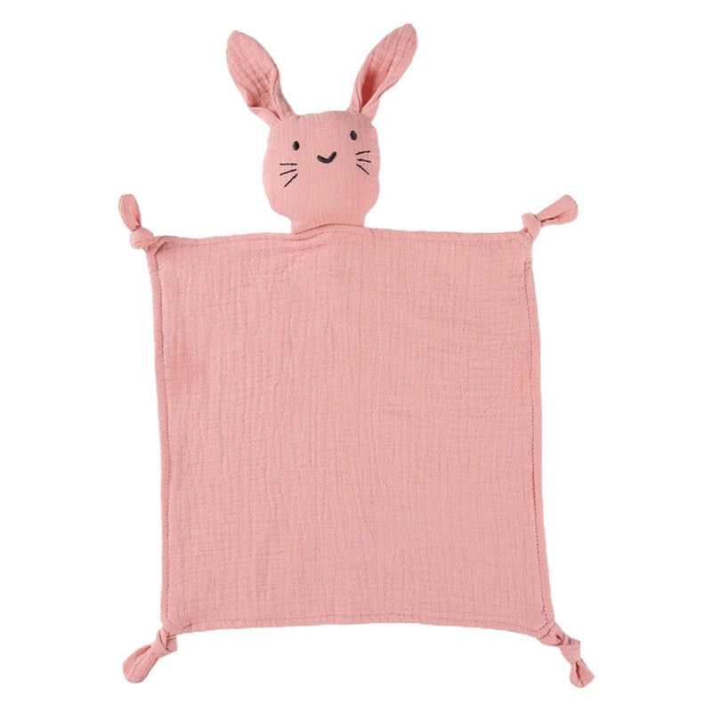 Soft gauze baby soothe blanket with rabbit design, featuring bib, teether, burp cloth, and cuddly towel for comfort and sleep.