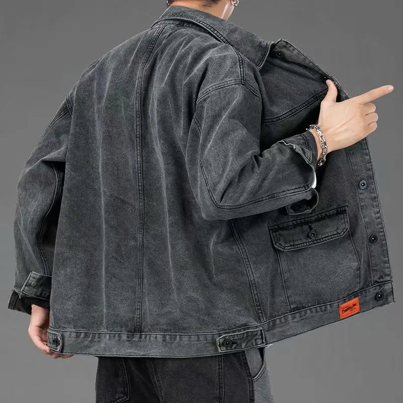 Men's denim jacket by Ansoff, casual streetwear hip hop style, loose fit, Korean version, versatile jean outerwear for men.