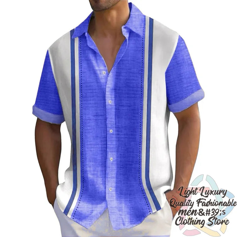 Ansoff men's short-sleeved summer striped linen Hawaiian shirt with a casual oversized fit and button collar.