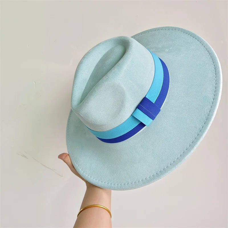 Colorblock ribbon suede felt hat featuring a wide brim, suitable for women and men, in British retro style for autumn and winter.