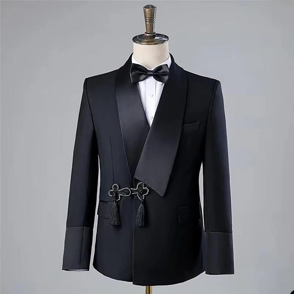 Ansoff men's wedding tuxedo set featuring a slim fit blazer and pants with a tassel lapel and one-button design.