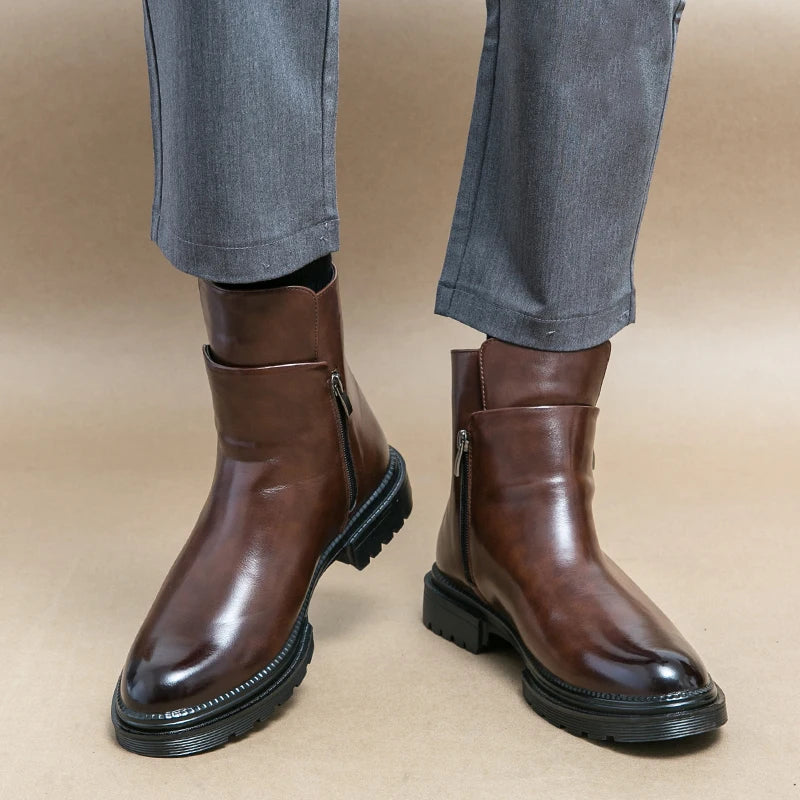 Round Toe Shoes Men's High Top Footwear Classic Retro Leather Chelsea Boots Side Zipper Fashion Ankle Boots Male Business Shoes - Acros