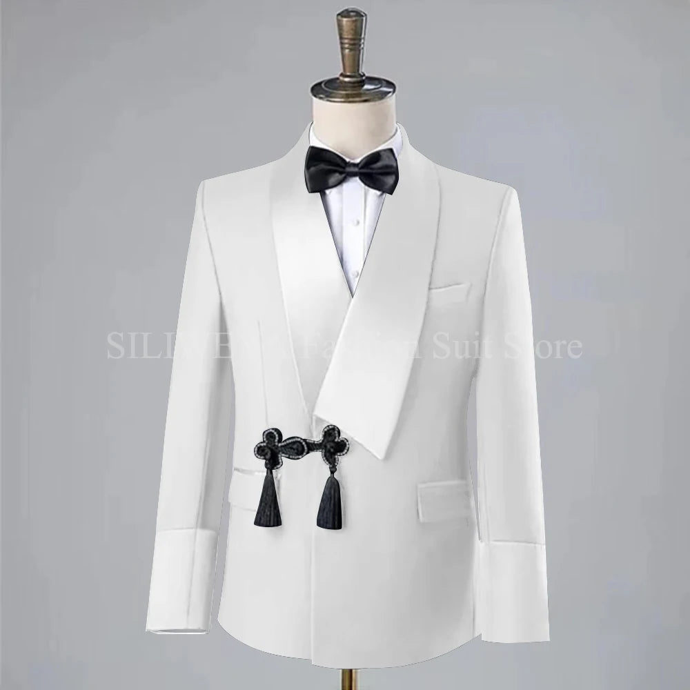 Ansoff men's slim fit wedding tuxedo with tassel lapel, single button blazer and matching pants, suitable for groom or formal occasions.