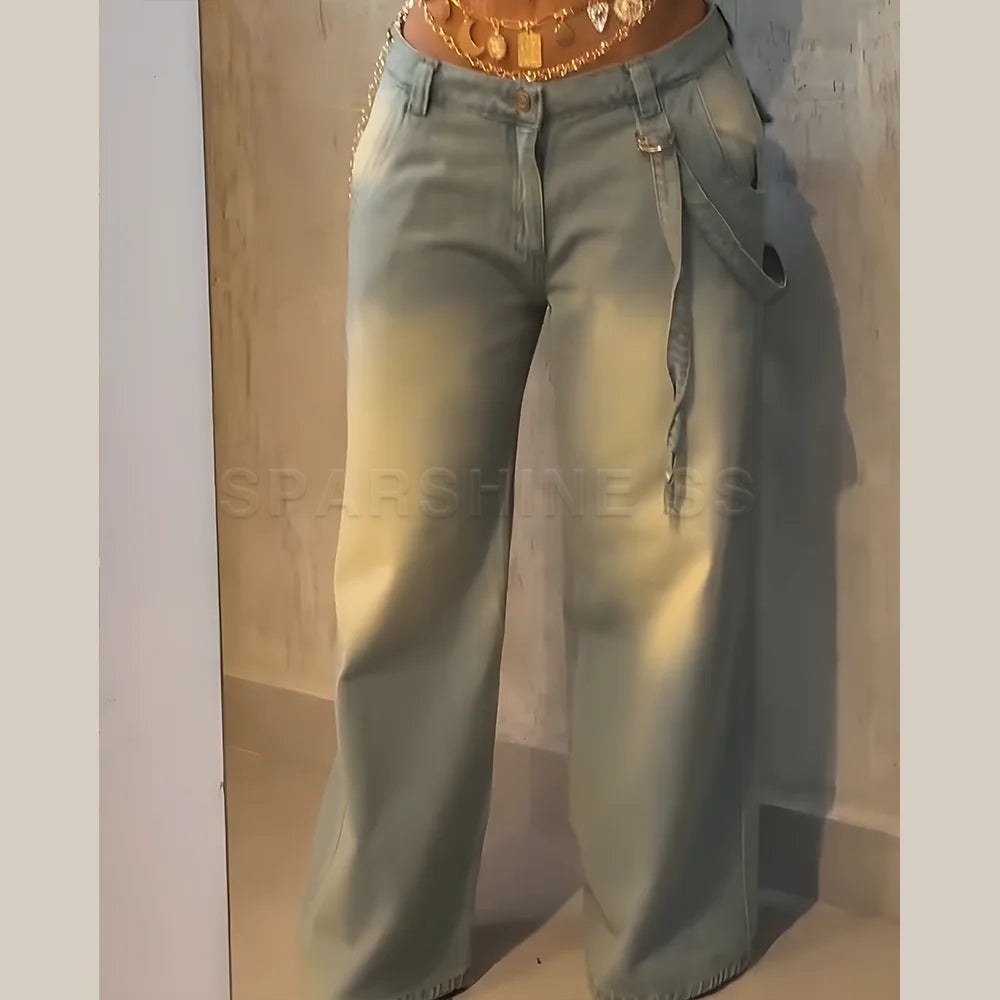 Ansoff women's straight denim jeans, vintage washed, mid waist, loose fit, wide leg style, long streetwear pants