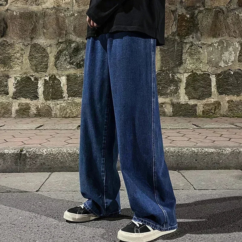 Ansoff men's streetwear loose jeans in black and light blue, featuring a wide-leg, straight fit with Korean fashion style.