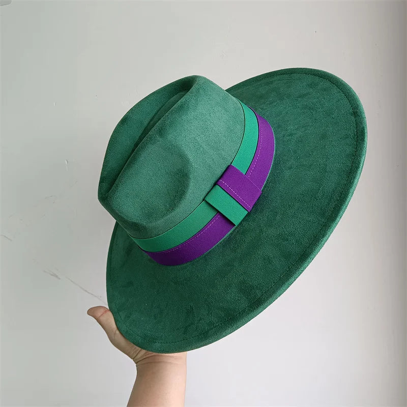 Colorblock ribbon colorful suede women's felt wide brim hat in retro British style, suitable for autumn and winter.