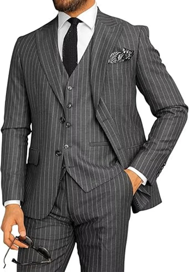 Elegant men's pinstripe 3-piece suit by Ansoff, featuring blazer, vest, and pants with peak lapel for wedding or business occasions.