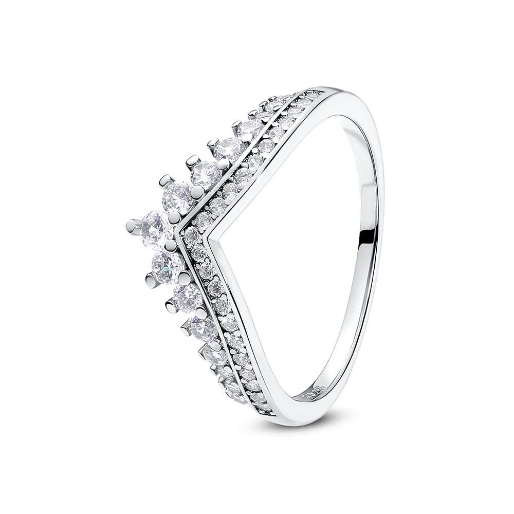 Sterling silver crown love heart wishbone engagement ring with rose gold crystal accents, luxury jewelry for women by Ansoff