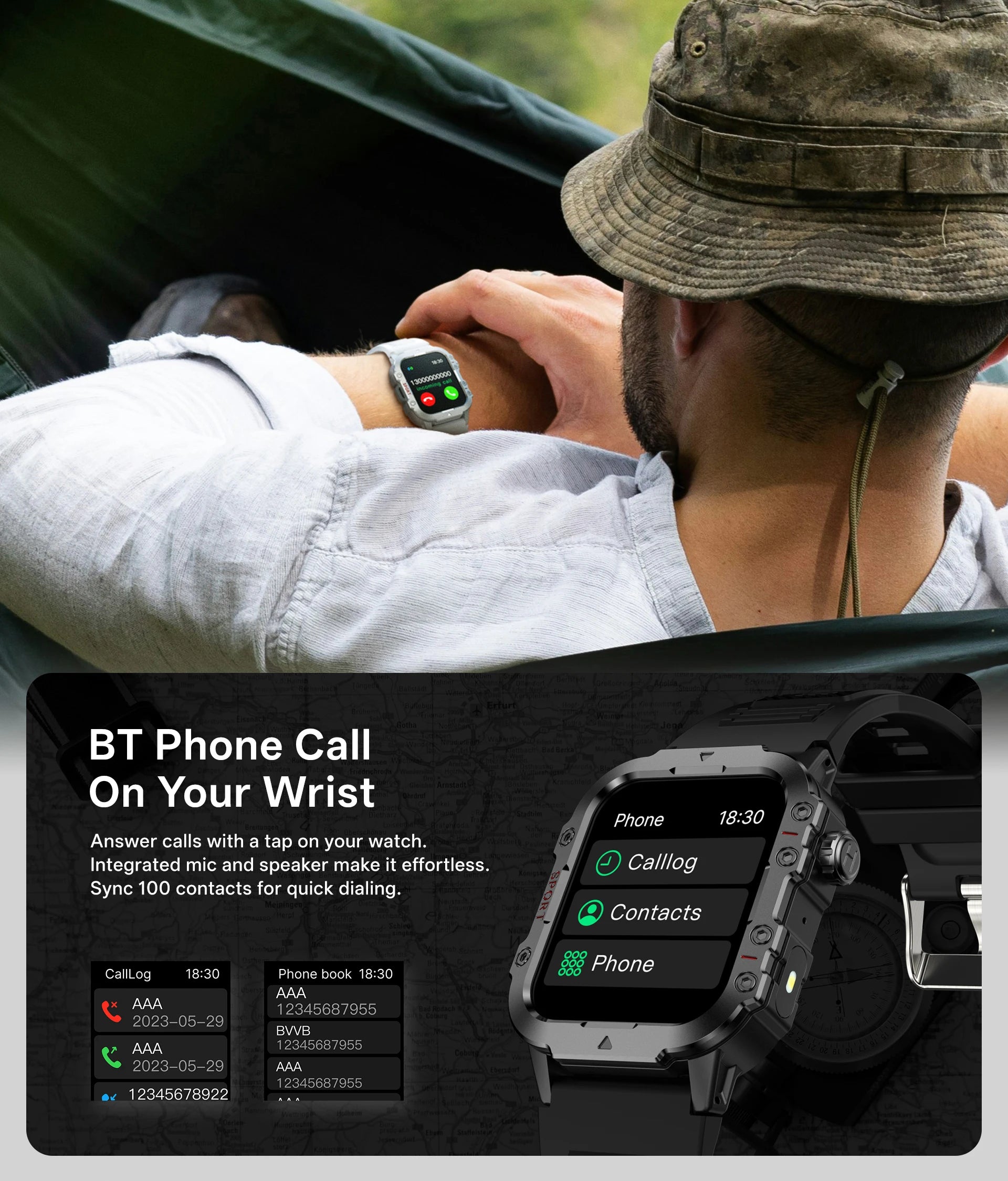Ansoff Xiaomi military smartwatch for men with 1.44-inch display, fitness tracker, IP67 waterproof, outdoor sports, and health monitoring