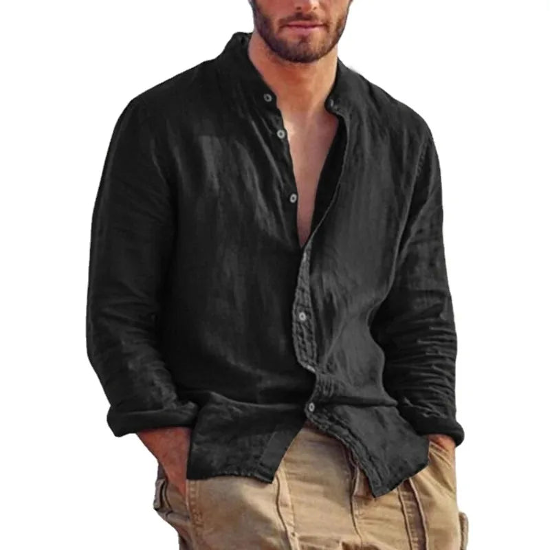 Sweatwear Men's Long Sleeve Shirt Linen Solid Color Shirts Trend Stand Collar Casual Lightweight Breathable Tops Hawaiian Shirt - Acros