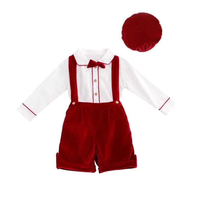 Spanish Baby Boy Clothes Set Vintage Kids Summer Suit Formal Wedding Toddler White Shirt +Velvet Suspender Pants Shorts Outfits
