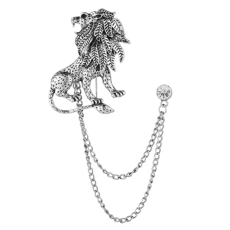 Korean fashion crystal lion brooch with tassel chain, British style lapel pin for men's shirt collar accessory by Ansoff