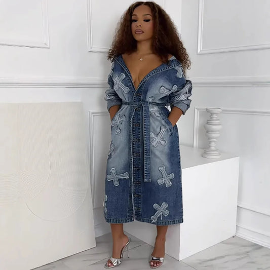 Ansoff denim long jean jacket with cross embroidery, Y2K streetwear style, ideal for winter women’s fashion, featuring a trendy designer look.