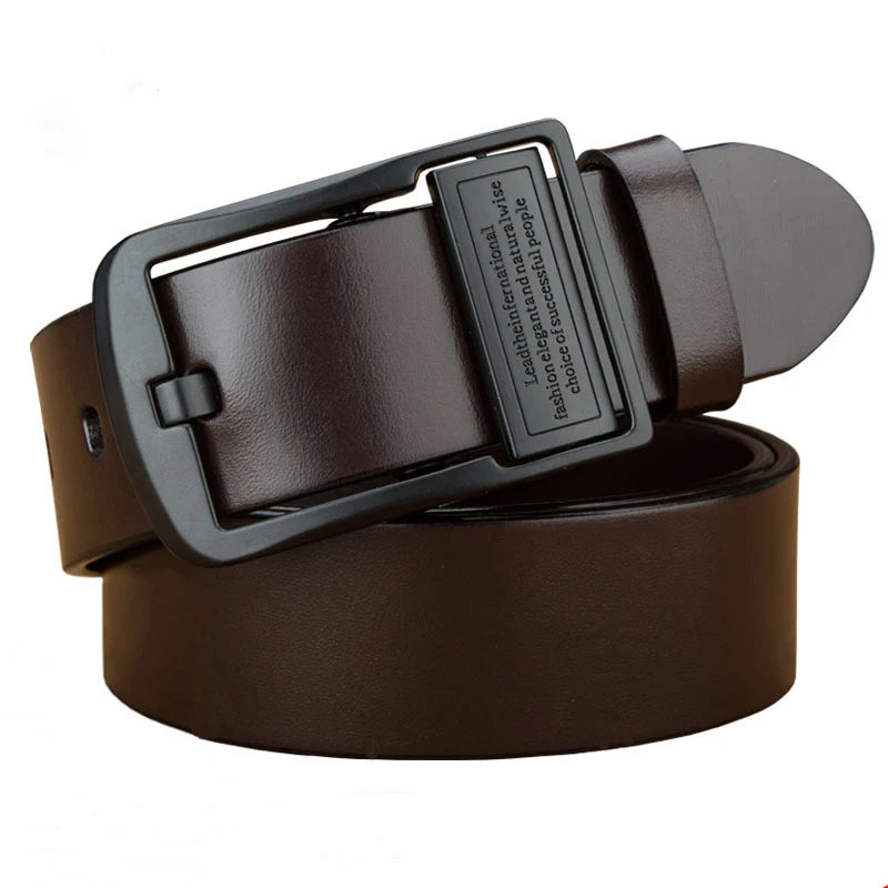 Men's black leather belt with pin buckle from Ansoff, casual and versatile, featuring a trendy, light luxury style perfect for jeans.