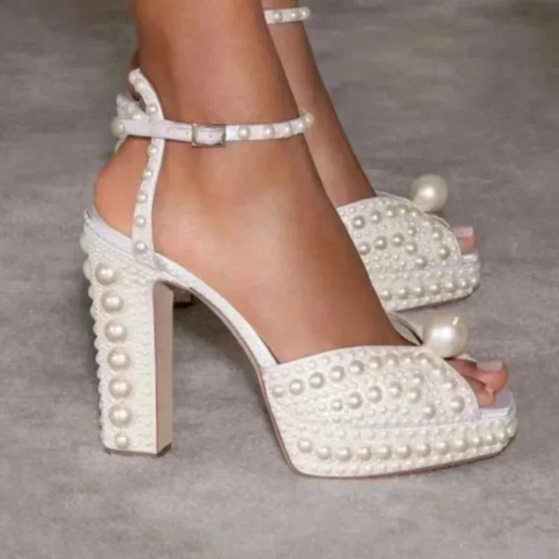 Shoes for Women Beaded Thick Heel Fish Mouth Sandals 35-41 High Heel Waterproof Platform Women's Shoes Wedding - Acros