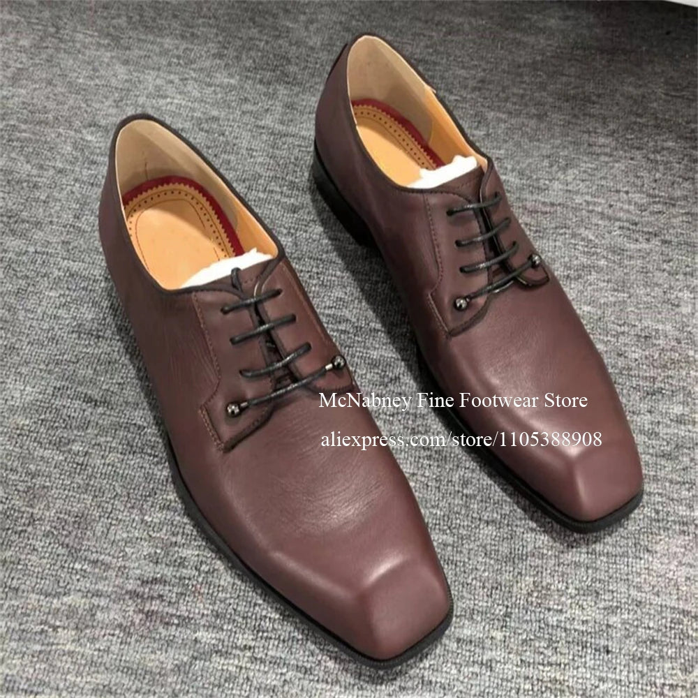 Leather Derbys Dress Shoes Metal Lace Tips Oxfords Square Toe Lace Up Business Wedding Formal Shoes for Men Comfortable Footwear