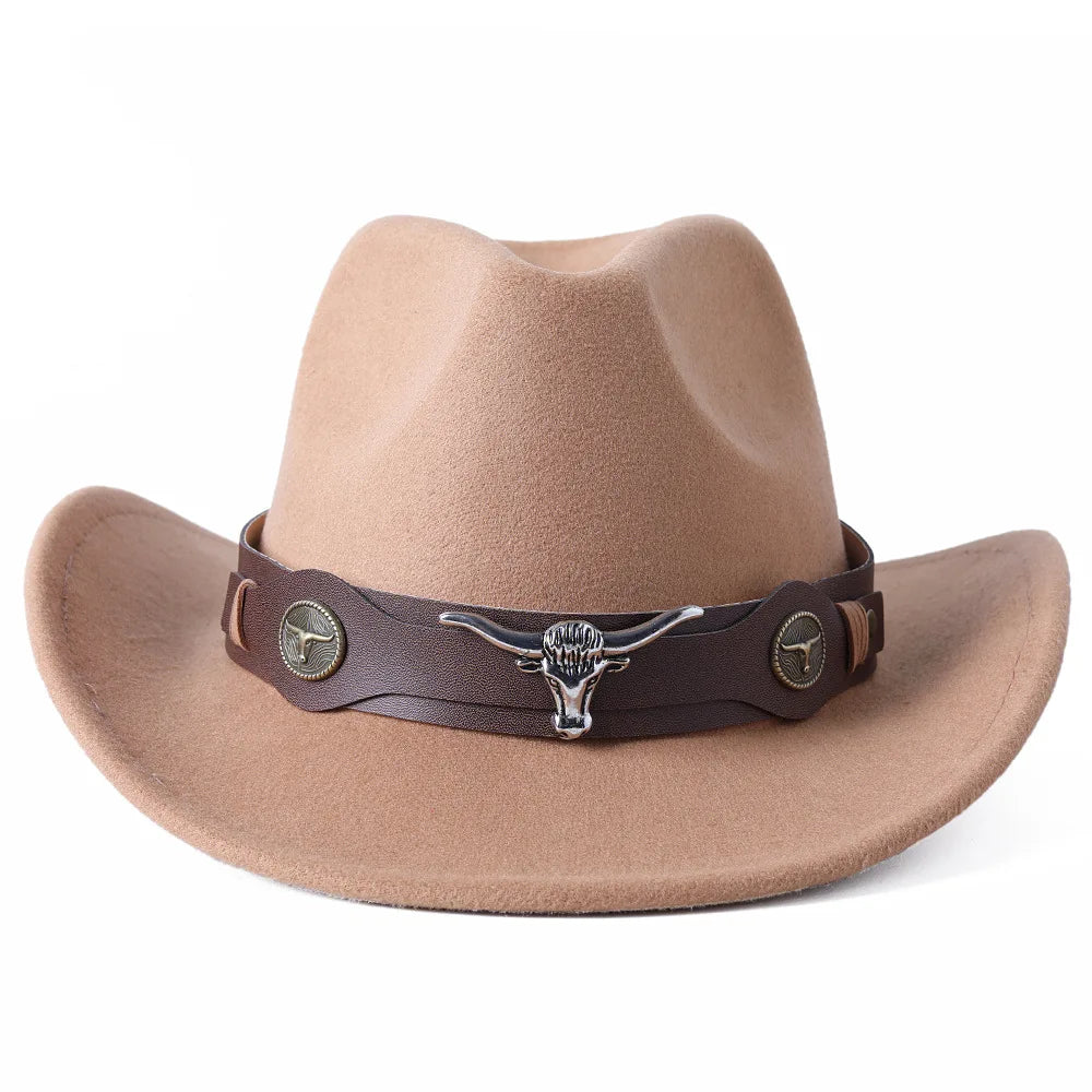 Ansoff cowboy hat with cow head design, black felt, wide brim, unisex outdoor knight hat for men and women.