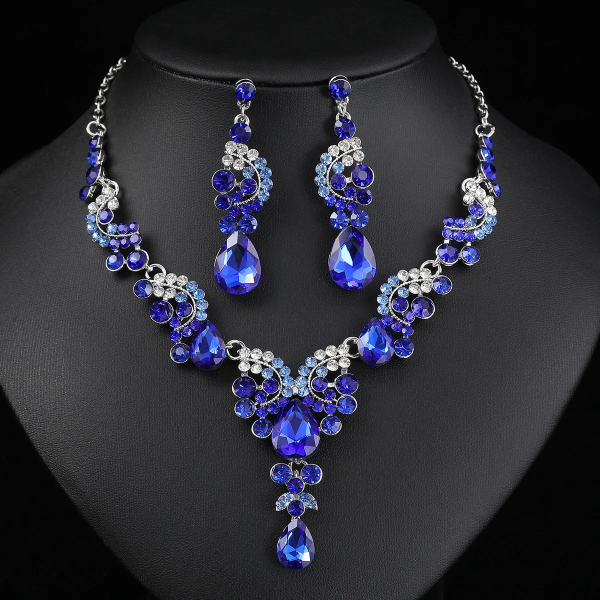 2pcs/set Jewelry Sets Women Blue Elegant Waterdrop Rhinestone Pendant Necklace stud Earrings Wedding Dress Bridal Jewelry Set