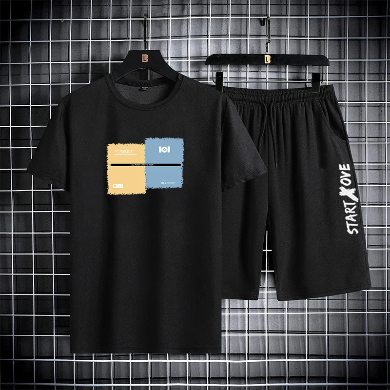 Men's summer shorts set by Ansoff, casual gym outfit with short sleeve tee and matching shorts for everyday wear.