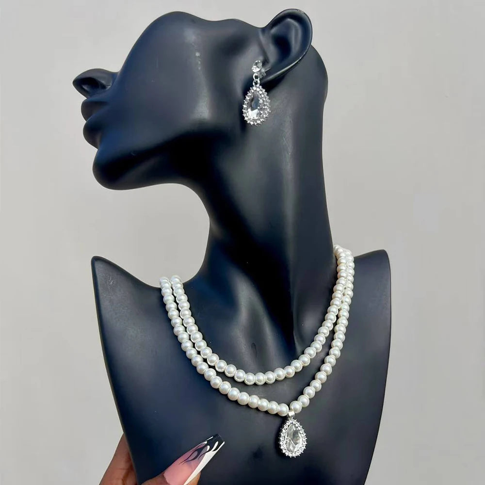 Elegant Imitation Big White Pearl Necklace Earring Jewelry Set for Women Party Wedding Pearl Accessories