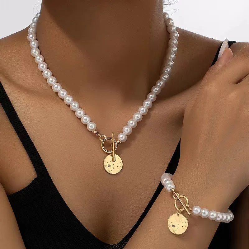 Elegant Simulated-Pearl Heart Necklace Bracelet Jewelry Set for Women Delicate Statement Beads Chain Wedding Party Jewelry Gifts