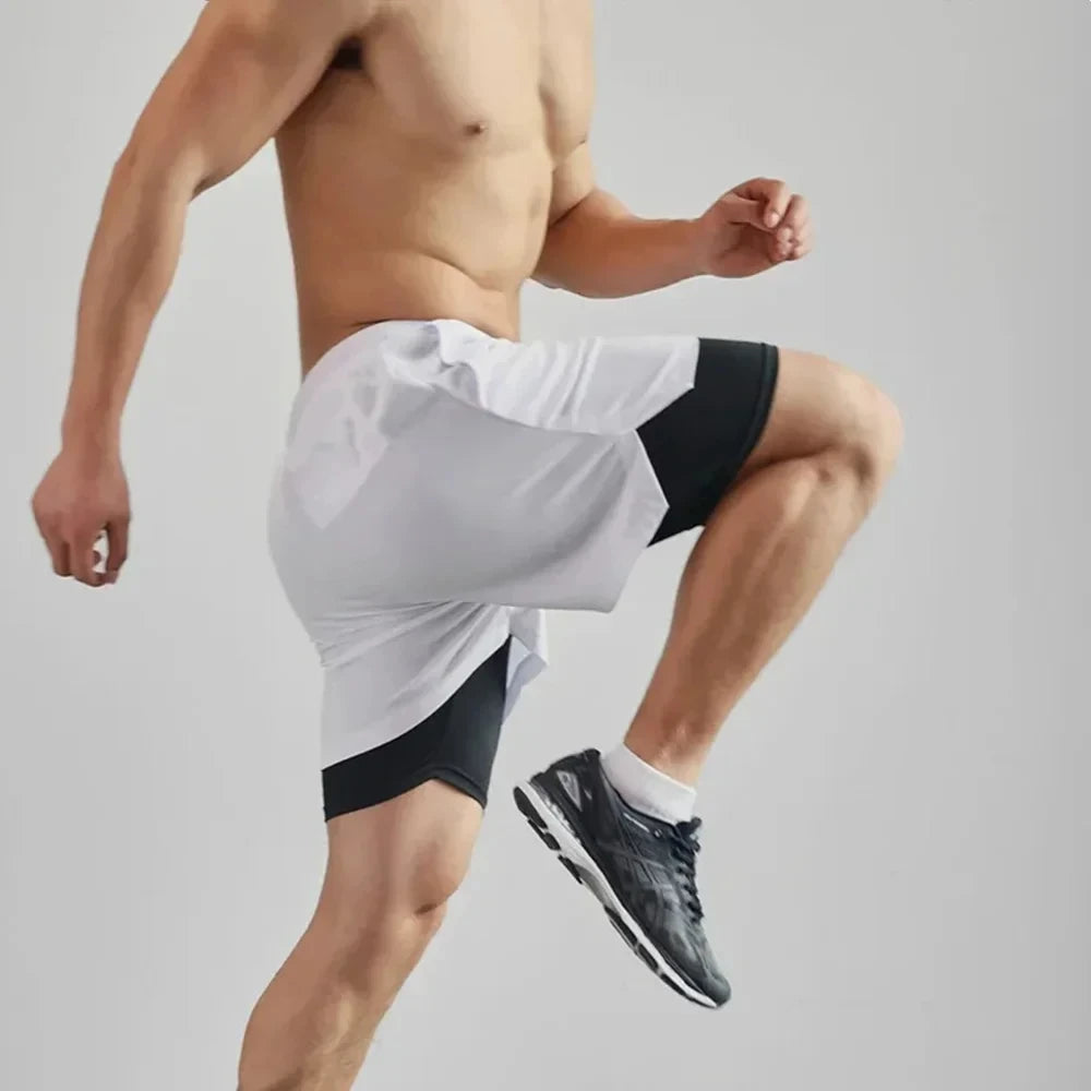Men's breathable two-in-one sports shorts by Ansoff, quick-drying double-layer casual bottoms for summer running and sports.