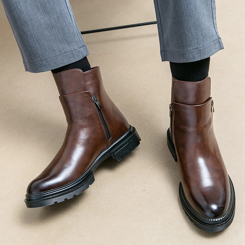 Round Toe Shoes Men's High Top Footwear Classic Retro Leather Chelsea Boots Side Zipper Fashion Ankle Boots Male Business Shoes - Acros
