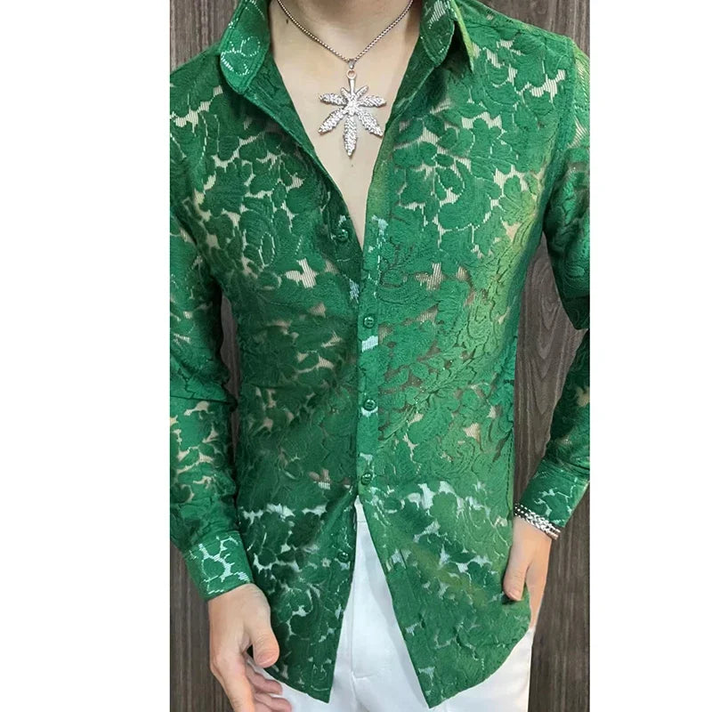 Men's slim fit spring transparent long-sleeve shirt by Ansoff, featuring a sexy, casual style suitable for social and nightclub wear.