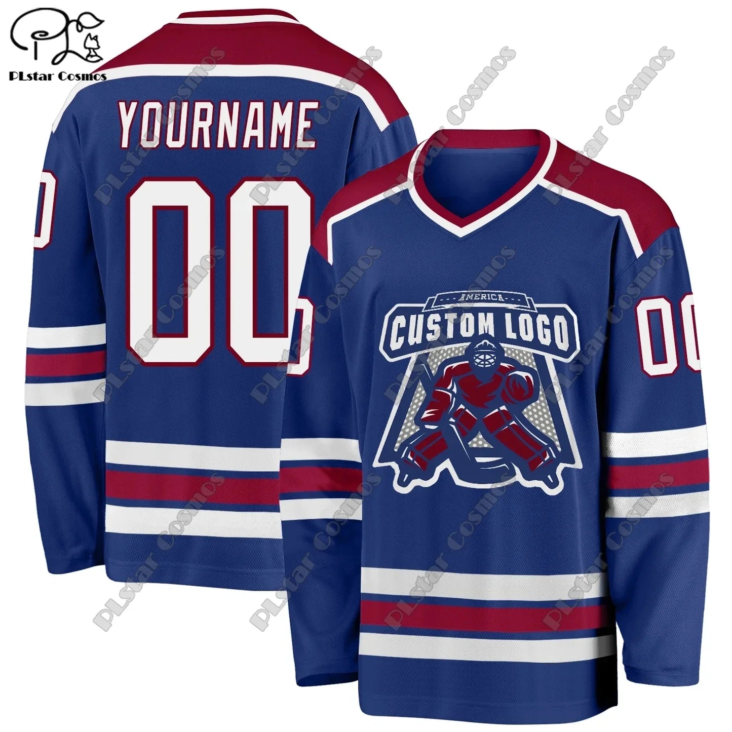 Colorful Ansoff hockey jersey with V-neck, long sleeves, personalized 3D printed design, casual sweatshirt style.