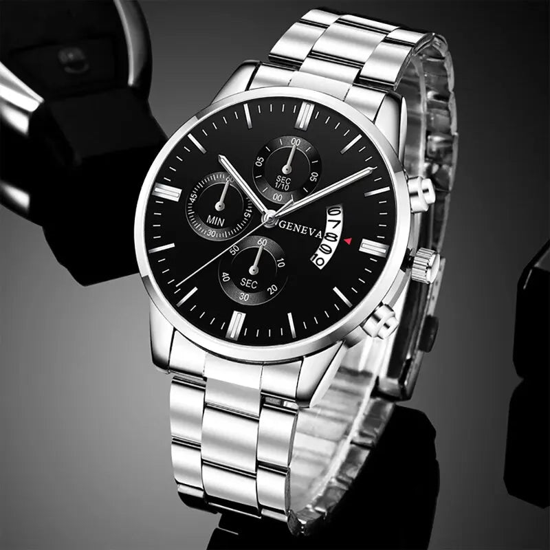 Ansoff men's luxury silver stainless steel quartz wrist watch with calendar display, stylish business watch for men.