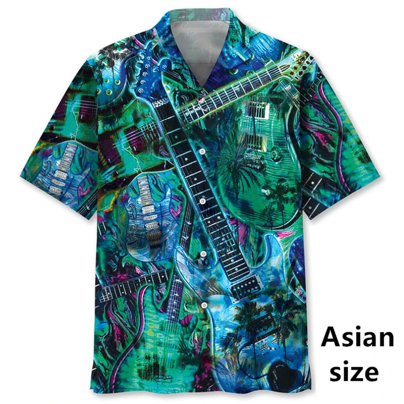 Men Hawaiian shirt by Ansoff with 3D tropical plant, music guitar prints, casual beach button-up for vacation and trendy summer wear.