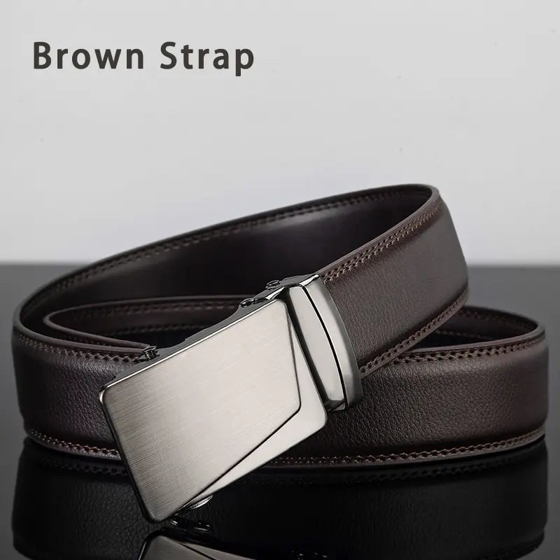 Men's black leather belt by Ansoff with metal automatic buckle, high-quality luxury belt for work and business.