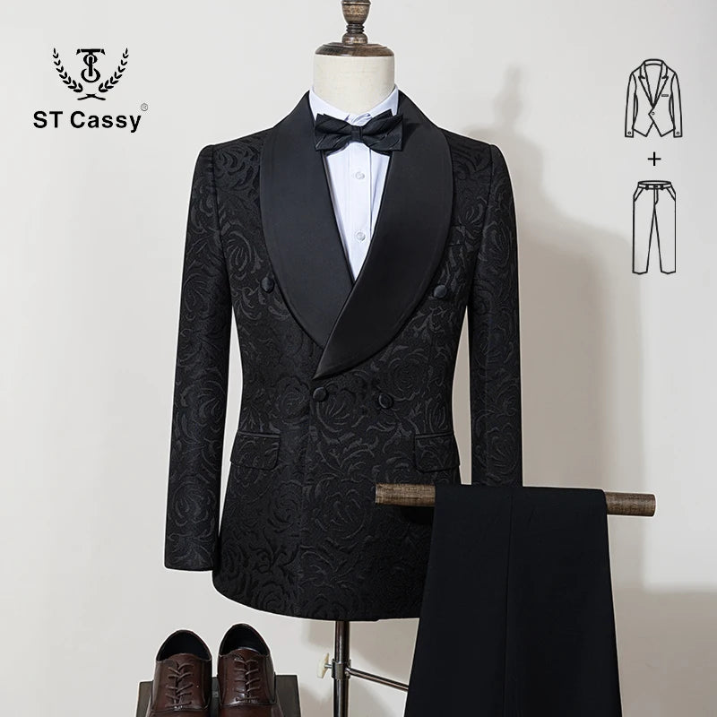 luxury 2-piece suit set men's party outfit high-end double breasted business casual suit groom's wedding dress shawl collar