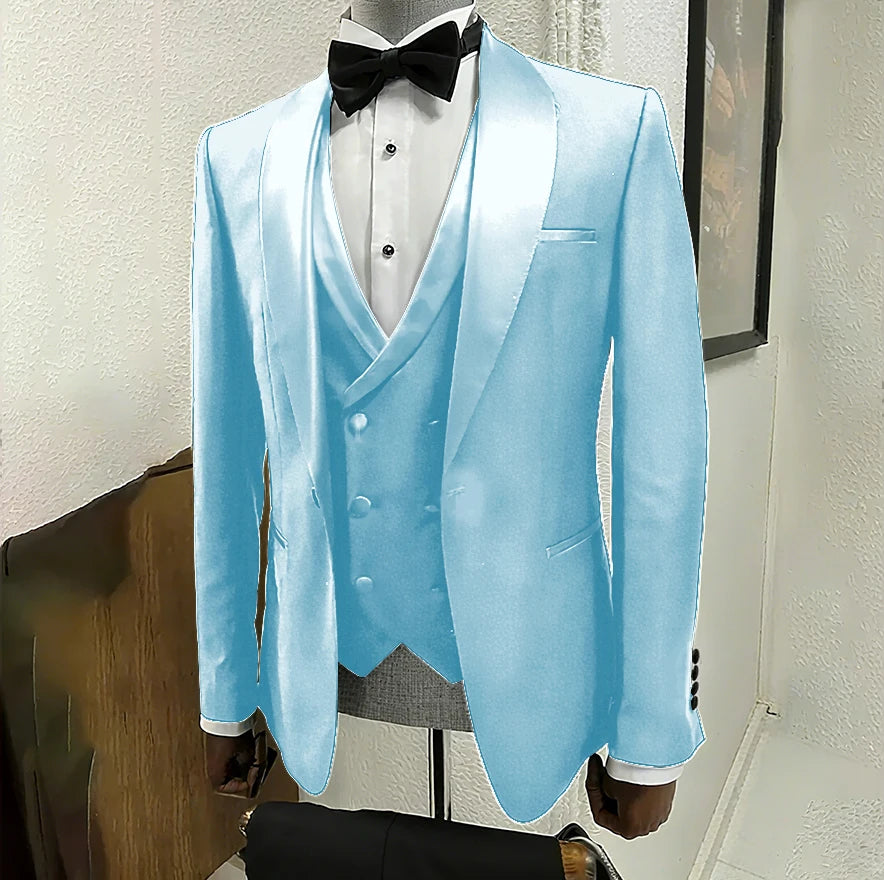 Black men's 3-piece tuxedo by Ansoff with shawl lapel, one-button jacket, perfect for weddings, parties, and formal events.