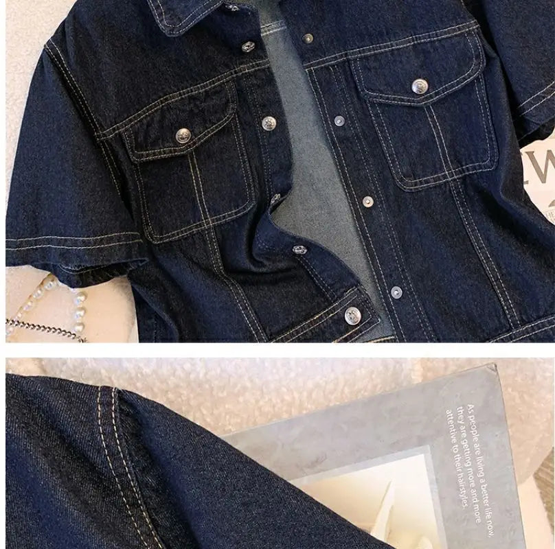 Ansoff women's denim jacket featuring a vintage-inspired, short-sleeve streetwear design with a cropped fit and classic blue denim.