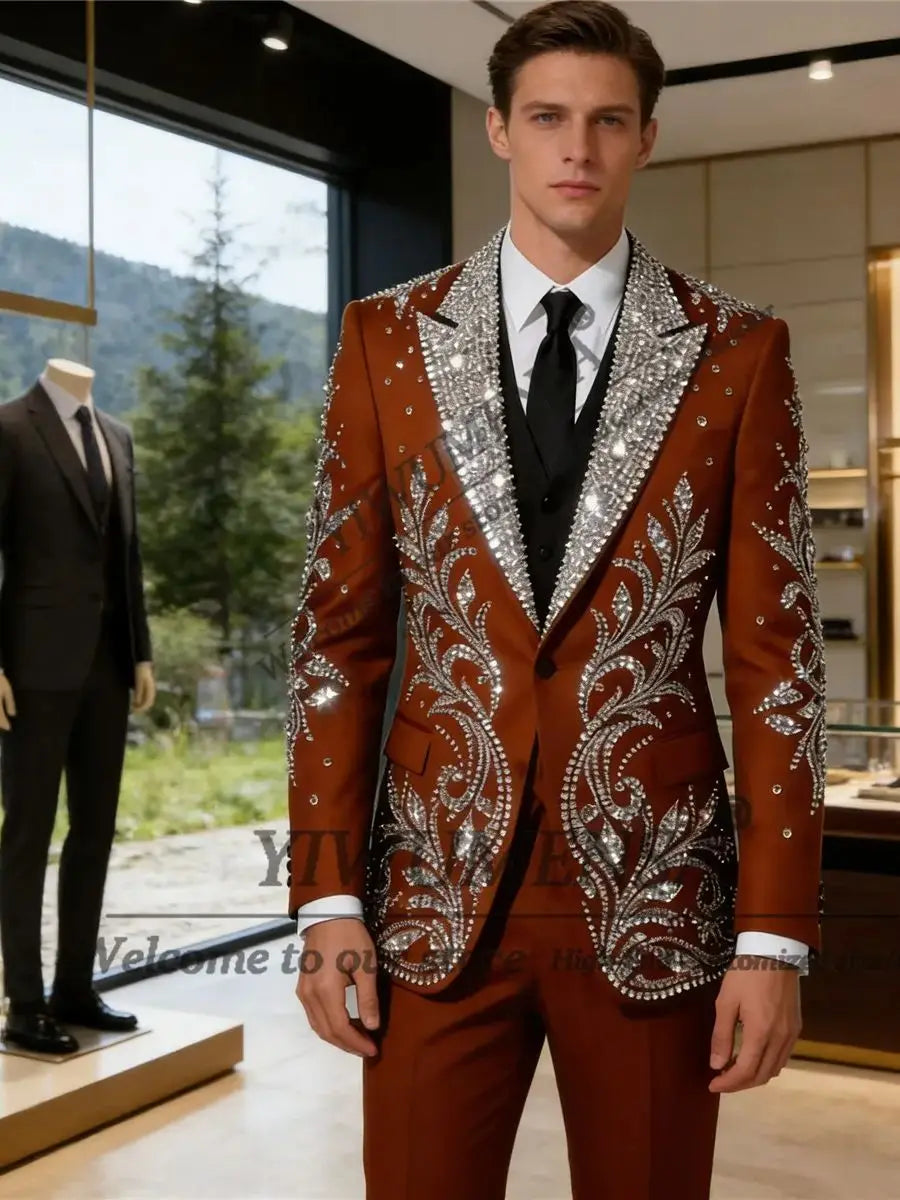 Ansoff luxury beaded crystal men's suit set with blazer and pants, slim fit tuxedo with sequin details for wedding or party.