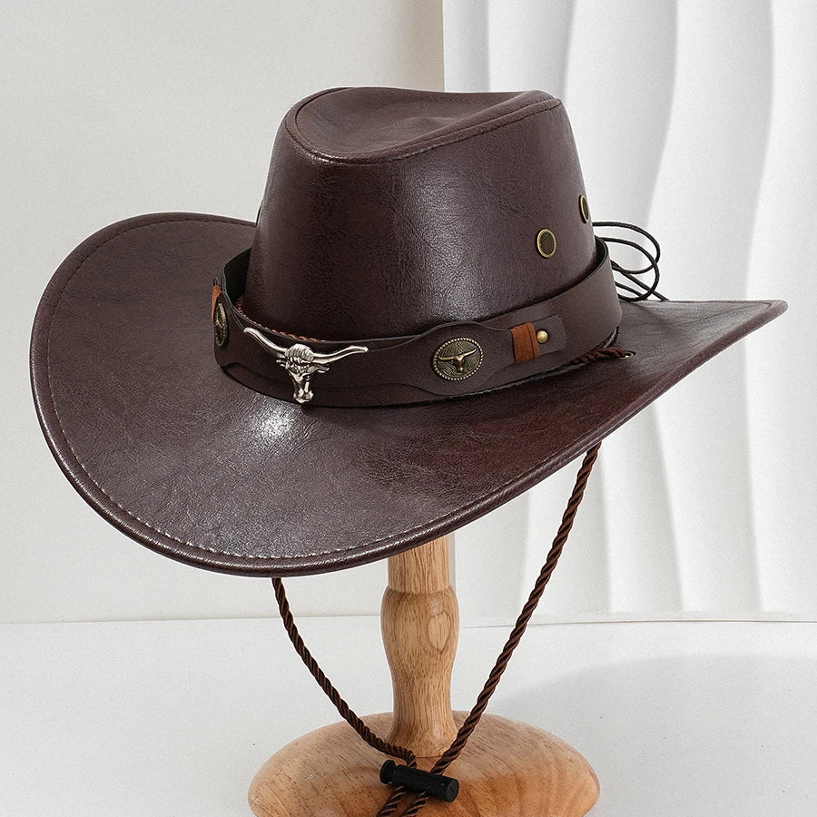 Unisex vintage faux leather western cowboy hat with wide brim, stylish jazz cap, outdoor fashion accessory by Ansoff