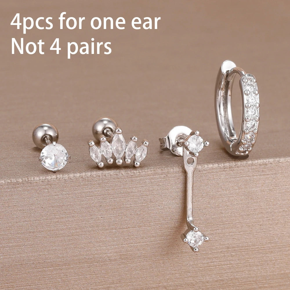 4PCS Stainless Steel Circle Huggie Hoop Earrings Set for Women Gold Color Unique Zircon Flower Stud Earring Piercing Jewelry