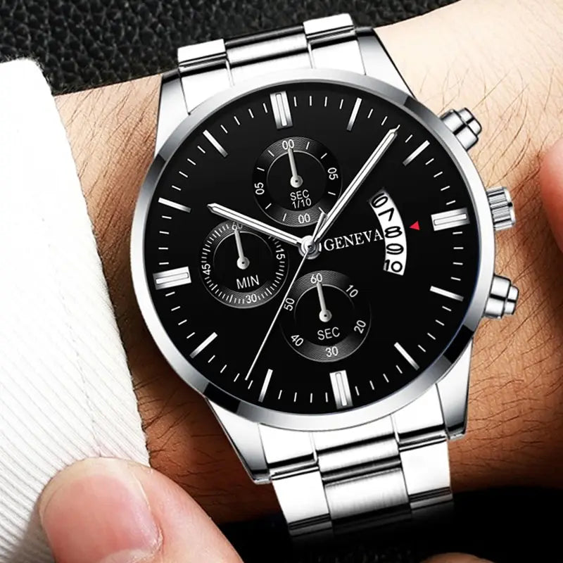 Ansoff men's luxury silver stainless steel quartz wrist watch with calendar display, stylish business watch for men.