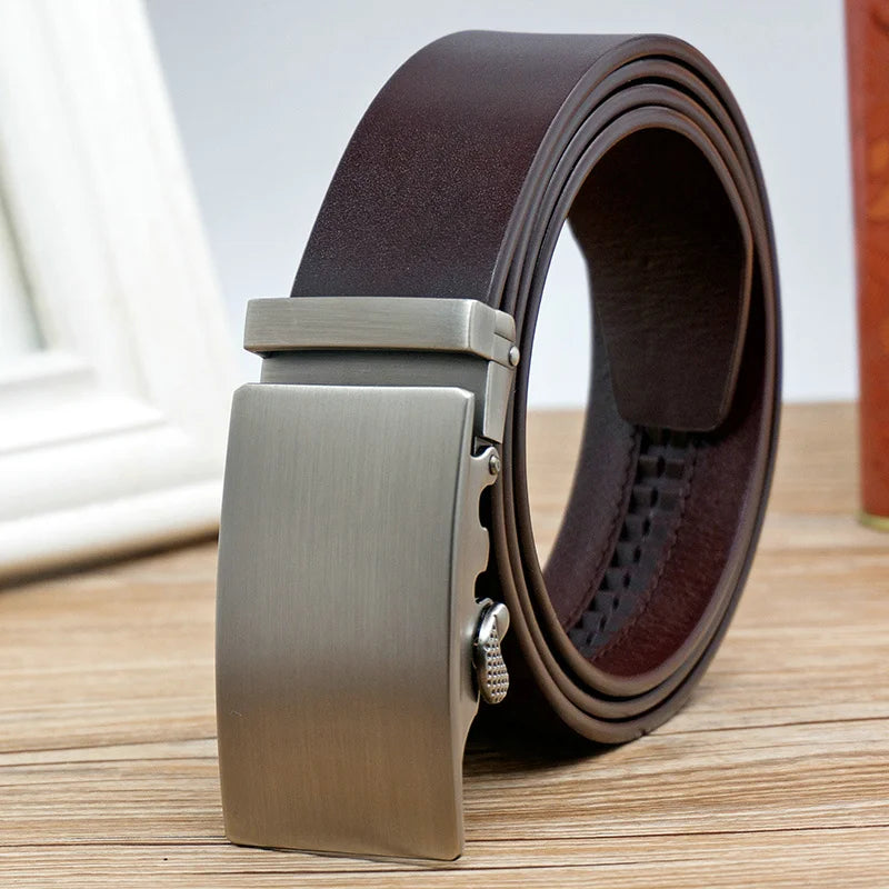 Ansoff men's genuine leather belt with automatic buckle, adjustable no-hole design, ideal for jeans and casual wear.